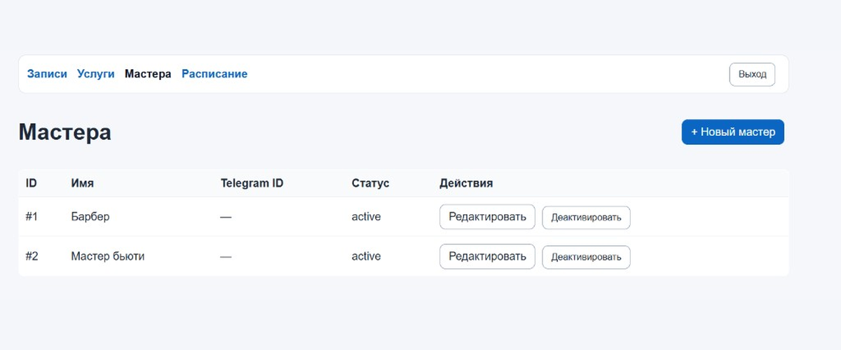 Мастера в веб-панели Nexis Bot